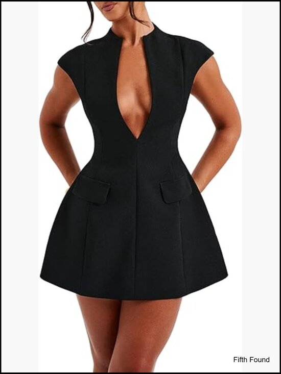 Dresses & Skirts - Cap Sleeve Deep V Neck Zipper A-line Mini Dress Night Out Party